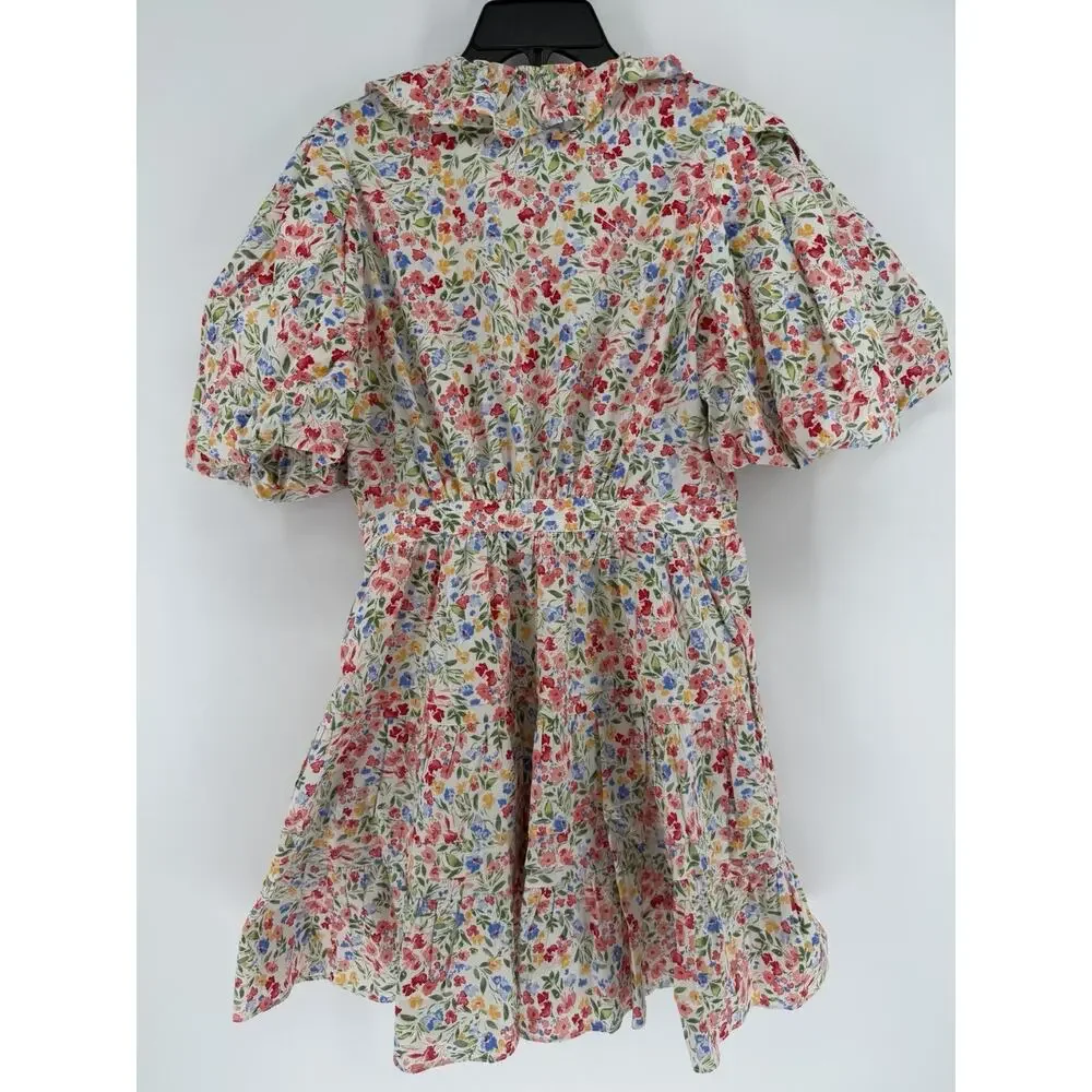 RESET Floral Print Mini Wrap Dress Womens Large White Puff Sleeve Lined - Picture 9 of 13